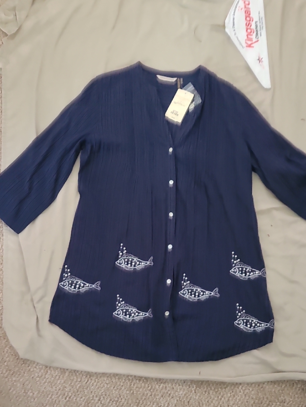 Soft Surroundings Navy Button-Front Tunic with White Fish Embroidery